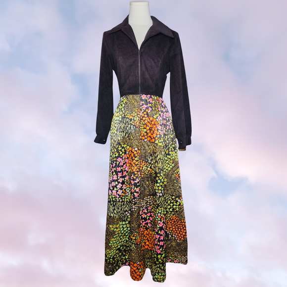 Vintage Dresses & Skirts - Vtg 70s Evelyn Pearson Black Velvet Top Floral Quilt Skirt full Long Maxi Dress